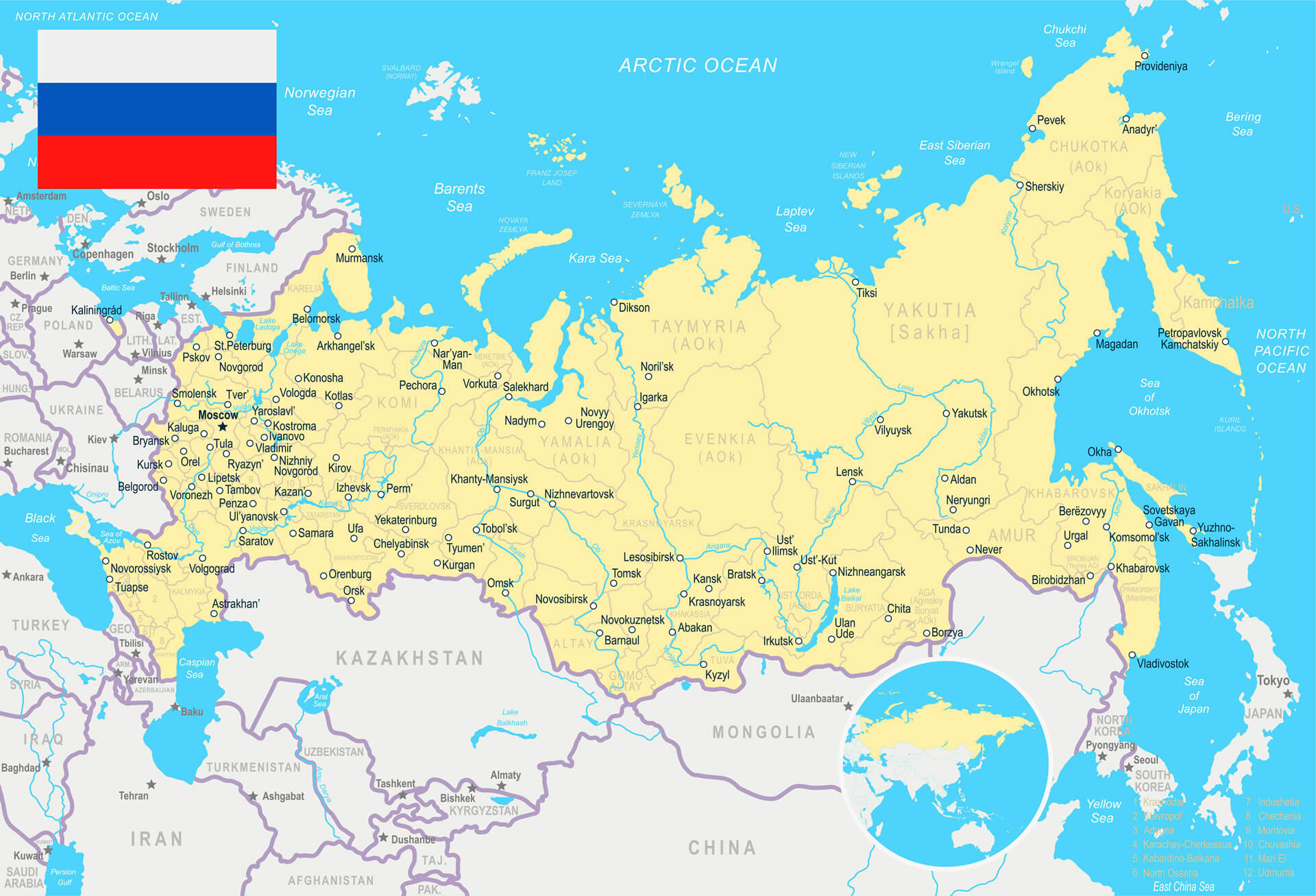 Carte de la Russie avec des rivieres et des lacs